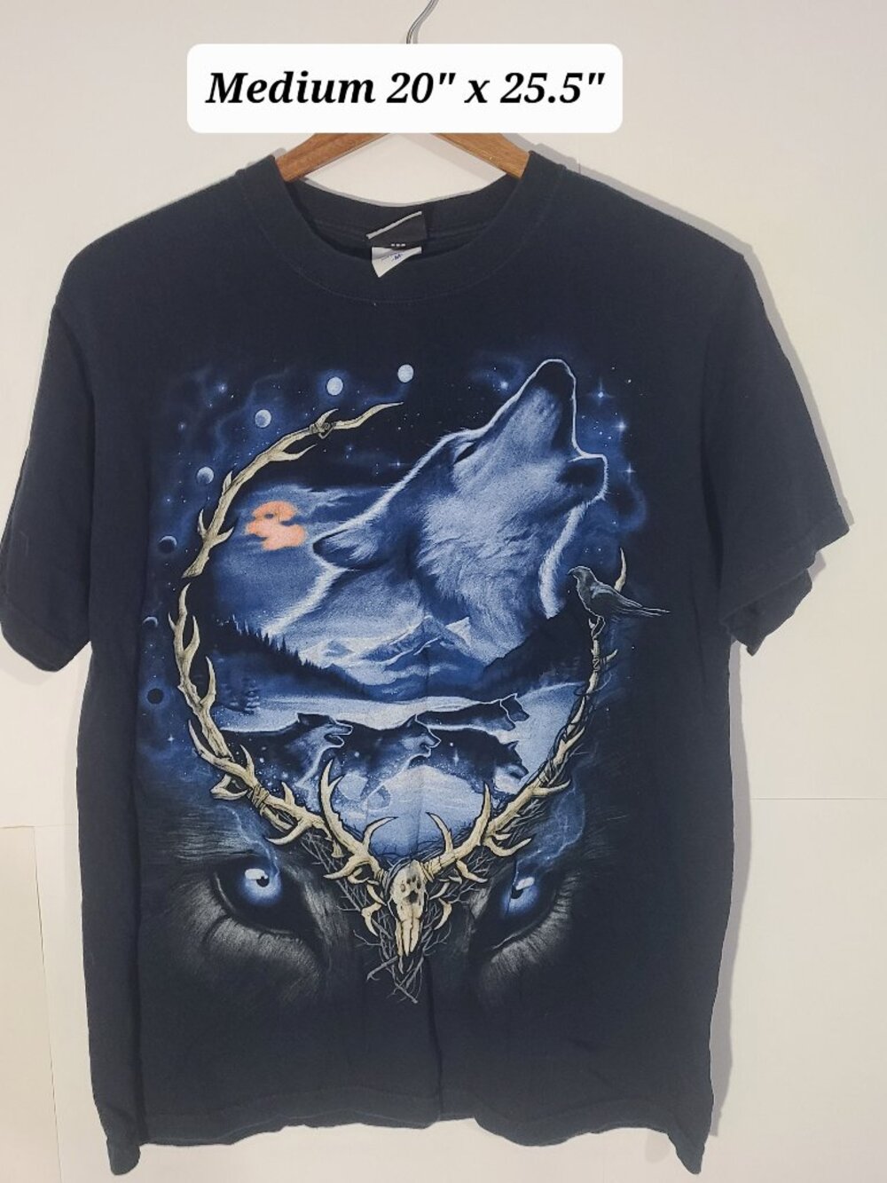 Vintage Y2K Liquid Blue Wolves 2-Sided Black Medium T-Shirt